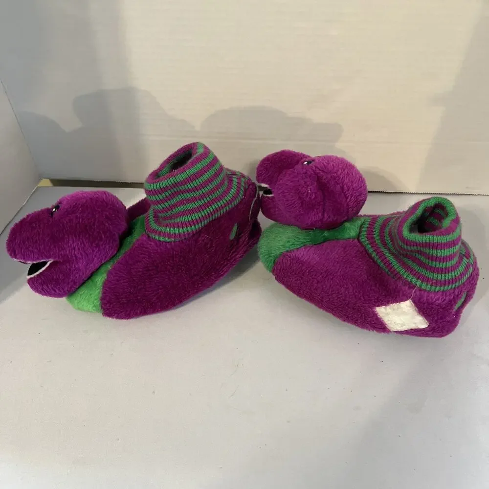 Vintage Barney Dinosaur Plush Slippers Purple Green Kids XL 11–12 1993